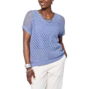 WynneLayers Women's Cap-Sleeve Open-Stitch V-Neck Sweater Stone Blue - Regular